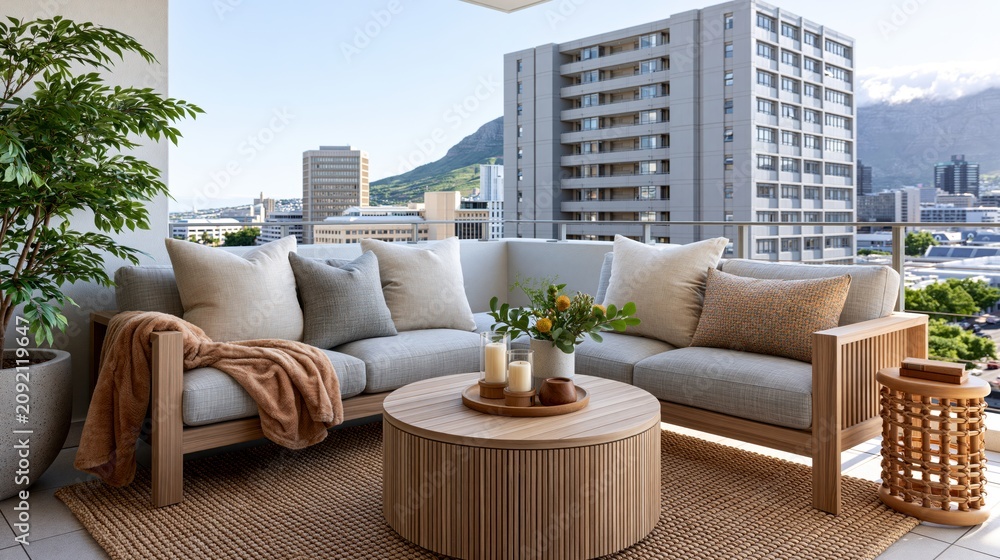 Fototapeta premium Luxury high-rise balcony terrace with a deep cushioned outdoor sofa and city views