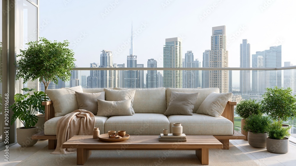 Fototapeta premium Luxury high-rise balcony terrace with a deep cushioned outdoor sofa and city skyline view