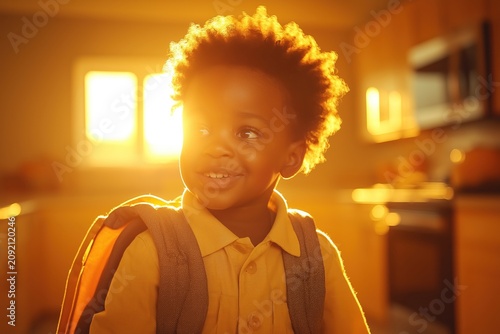 Smiling young african american black child wearing a backpack and collared shirt indoors, lit by warm sunlight with a blurred home interior in the background.
