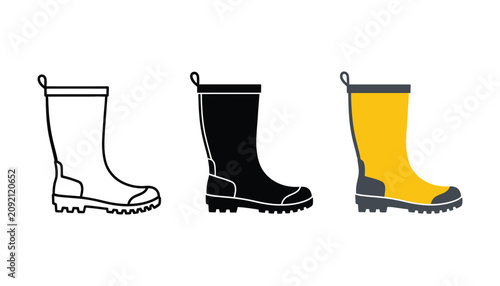 Rubber Boot symbols with outline, solid, and yellow designs for farming, gardening, wet weather protection, outdoor equipment, and utility footwear concepts.