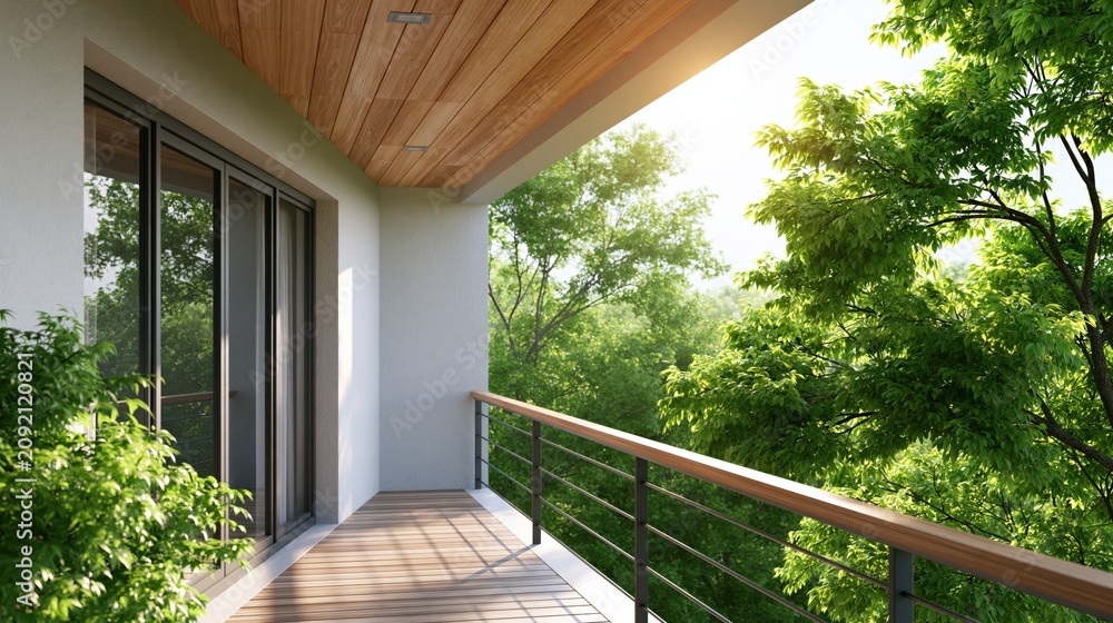 Fototapeta premium Modern balcony with minimalist architecture and lush green foliage views