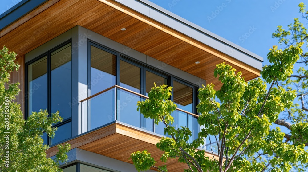 Fototapeta premium Modern balcony with minimalist architecture and lush green foliage
