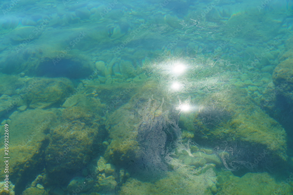 Obraz premium Abstract close-up of a calm turquoise sea surface covered with a thin iridescent oil film creating subtle rainbow reflections and organic patterns on the wate