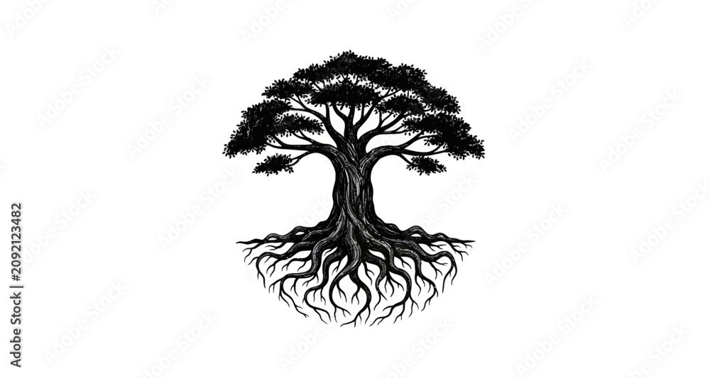 Fototapeta premium Tree silhouette with detailed roots on transparent background