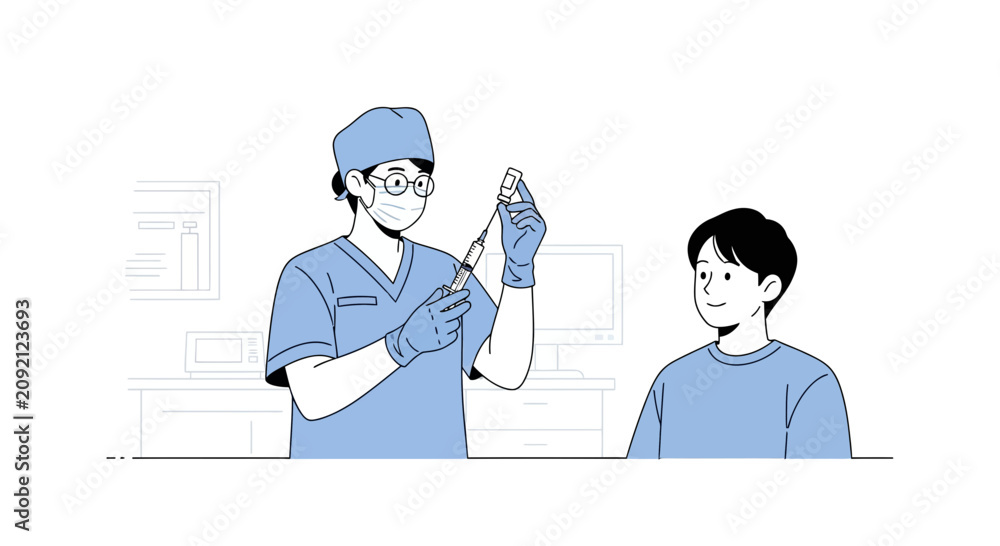 Fototapeta premium Doctor administering vaccine to young patient in clinic - illustration