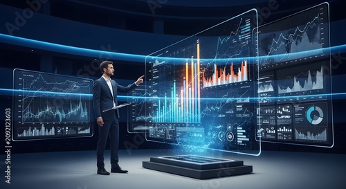 Businessman analyzing financial data on futuristic holographic screens, leveraging advanced AI and big data analytics for strategic decision-making.