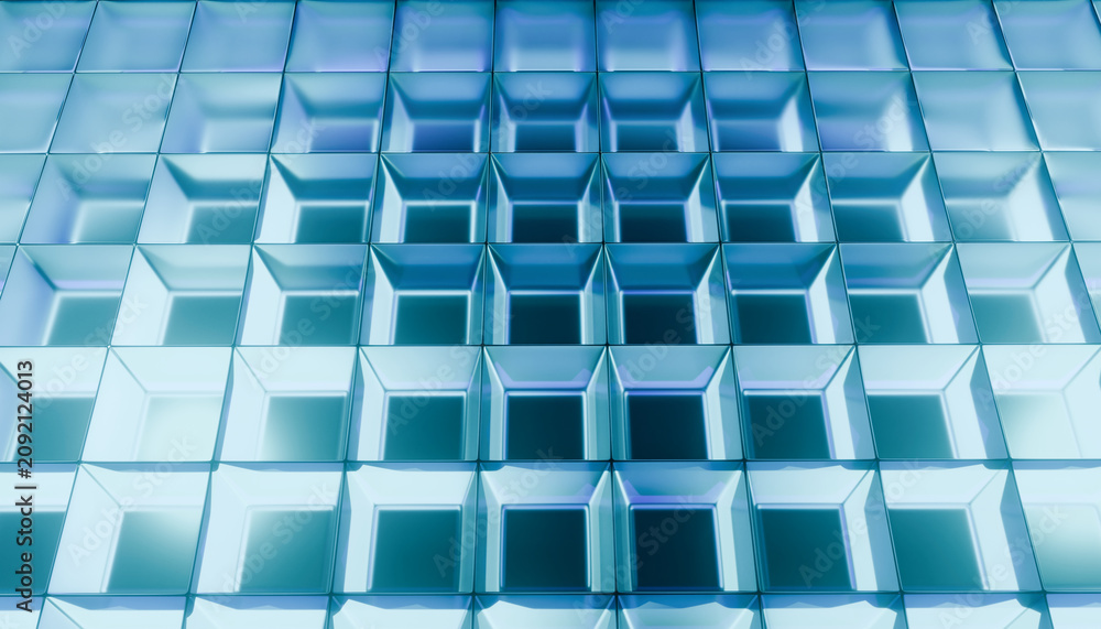 Fototapeta premium Geometric pattern with 3D cubes in shades of blue and teal, creating visually striking and modern design