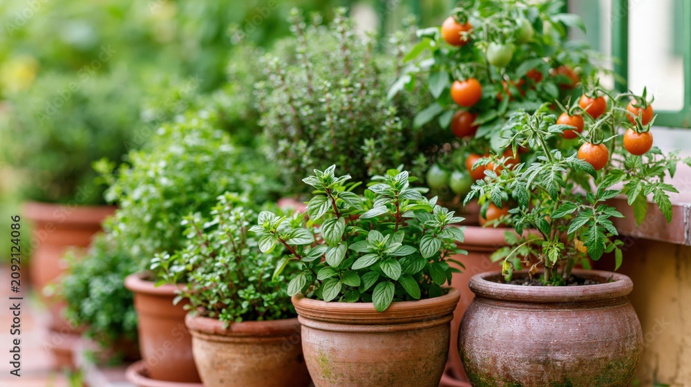 Fototapeta premium Terrace container garden with fresh herbs and ripe cherry tomatoes growing