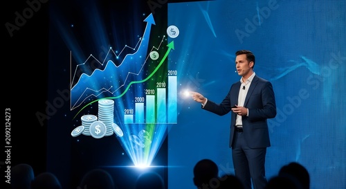 Professional businessman on stage delivering a presentation, showcasing dynamic financial growth charts and investment data through holographic display.