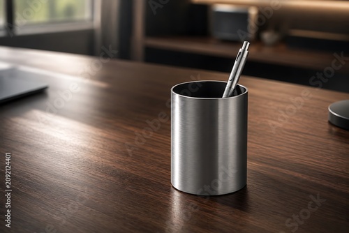 A sleek, modern brushed metal pen holder sits on a polished wooden desk, holding a single silver pen.