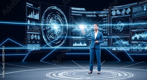 Businesswoman interacting with futuristic holographic data interface displaying charts and graphs in a modern technology hub