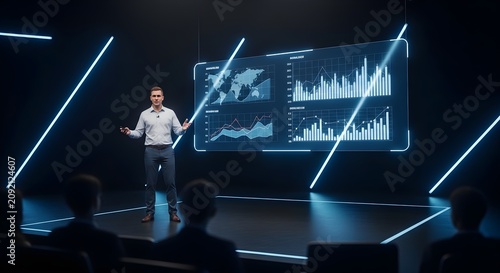 Man presenting business data analytics on a futuristic holographic screen with neon lights in a dark room
