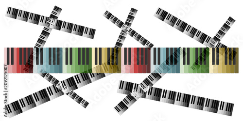 Illustrazione su sfondo trasparente o bianco con tastiere di pianoforte disposte in un intreccio casuale