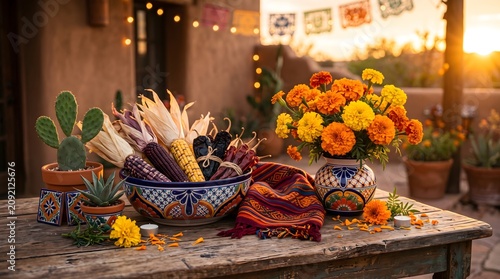 A vibrant and colorful Mexican Dia de los Muertos festive table setting outdoors at sunset, 
