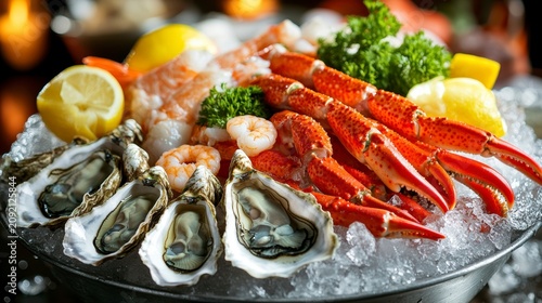 Fresh seafood platter with oysters, shrimp, and crab legs on ice.
