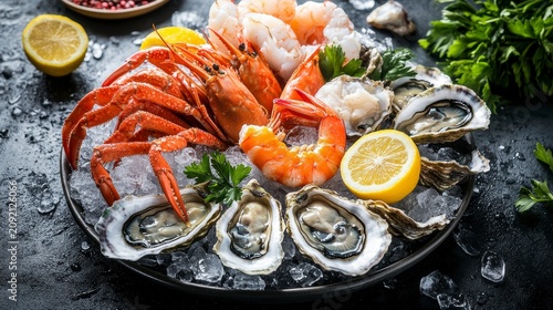 Fresh seafood platter with lobster, shrimp, prawns, and oysters on ice.