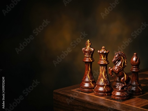 Wooden chess pieces on a board with dark background for International World Chess Day FIDE  