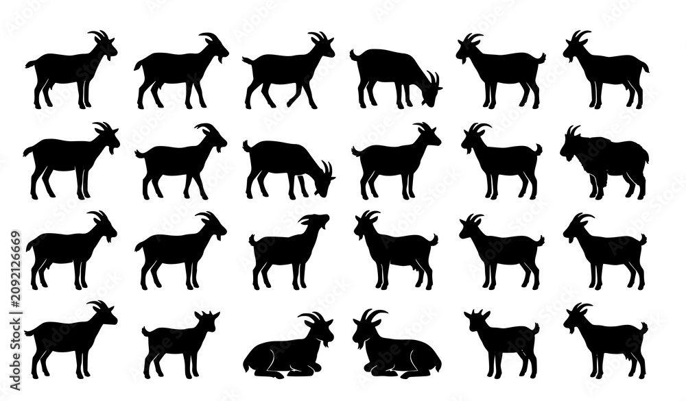 Fototapeta premium Professional goat silhouette bundle with realistic black farm animal vectors