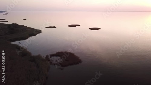 High drone right curve above the Curonian Lagoon, sunset, flying birds beneath, Lithuania
