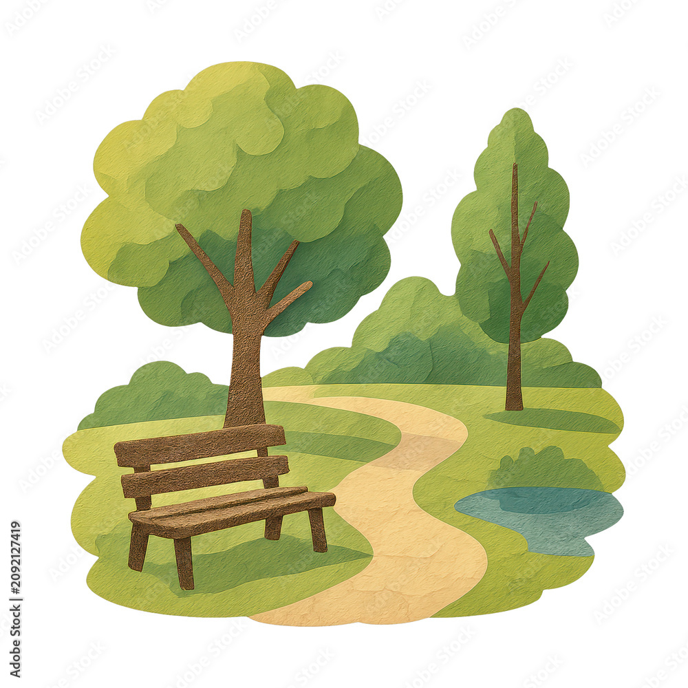 Naklejka premium PNG Serene park with wooden bench.