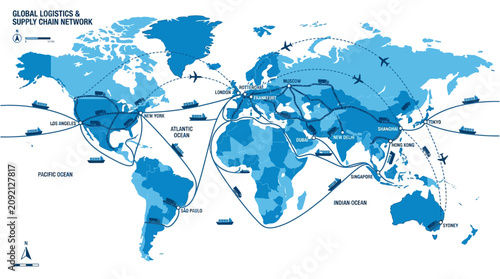 Fotografi Global map with blue countries and travel routes.