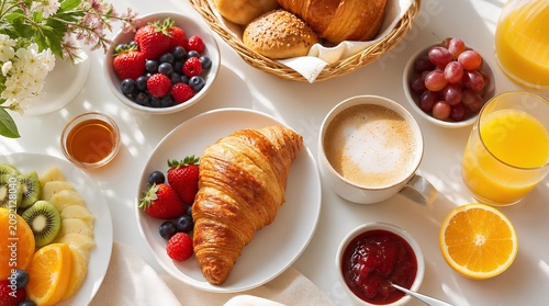 Sunny breakfast spread with croissant, coffee, orange juice, berries, grapes, sliced fruit, jam, honey, rolls, and flowers for brunch or cafe promotions.