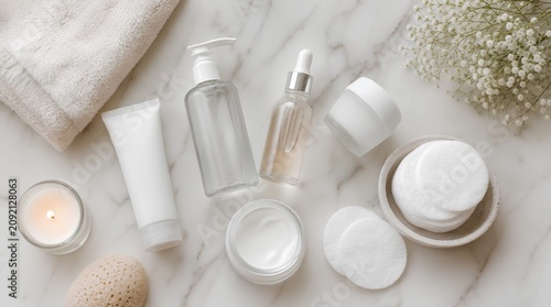 Minimal spa and skincare flat lay with cleanser, serum, cream, cotton pads, candle, towel and flowers on marble for beauty routine promotions.