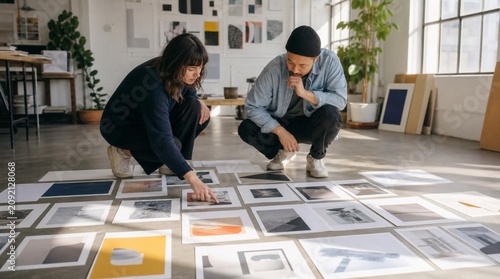 Two creative professionals crouch on a studio floor reviewing art prints and layouts, useful for design agency, collaboration, and portfolio planning promotions.