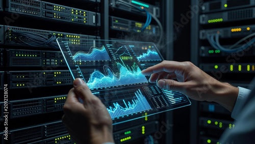 Hands operate a transparent analytics tablet in a server room, showing glowing data charts for cybersecurity monitoring, cloud management, or IT infrastructure services.
