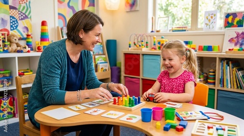A smiling adult and preschool girl play matching and sorting games at a colorful classroom table, ideal for early learning, childcare, and development content.