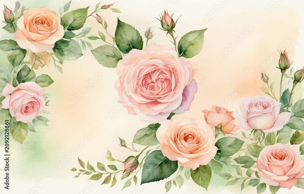 Fototapeta premium Elegant watercolor border illustration of blooming pink and peach roses with green foliage on a soft pastel background.
