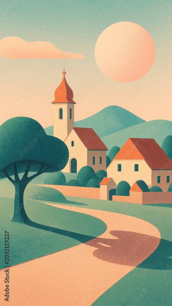 Naklejka premium Serene village landscape mobile wallpaper