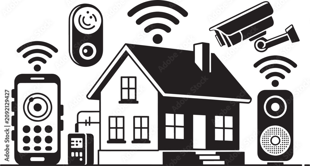 Fototapeta premium Smart home security and automation system with wireless devices connected to house network.