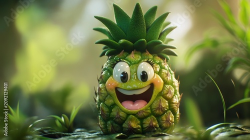 Happy cartoon pineapple in lush green jungle setting.