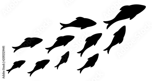 A school of fish silhouettes swimming together in black. Minimalist flat vector marine life illustration isolated on a white background.