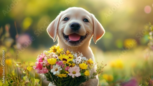 Happy Labrador puppy holding a bouquet of wildflowers in a sunny field.