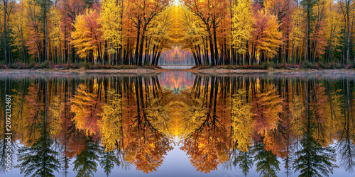 Autumn Forest Reflection in Calm Water