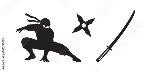Schilderij op canvas Black Silhouette Vector Set of Ninja Fighting Shuriken and Katana Sword