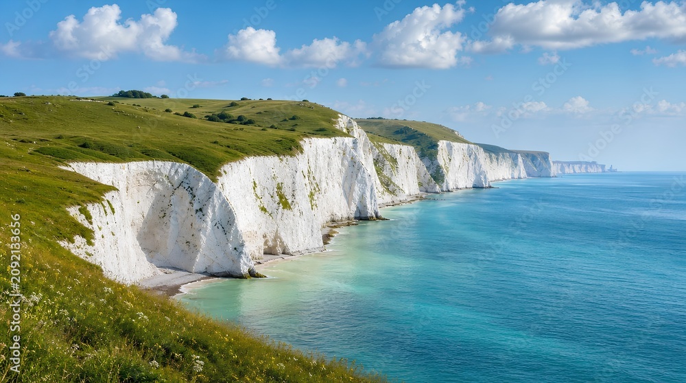 Obraz premium White chalk sea cliffs with green grassland rise above calm turquoise water under a blue sky, ideal for coastal travel, nature tourism, and scenic landscape promotions.
