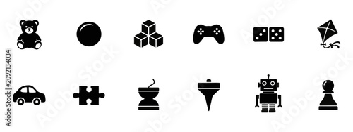 Obraz na plátně Set of black silhouette icons depicting toys and games with recreation childhood
