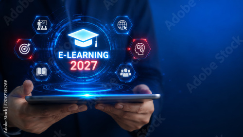 E learning 2027 concept shows management coaching leadership and development with digital technology for online education and training on tablet device in futuristic blue interface