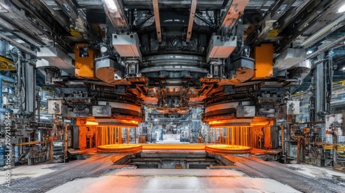 High-Tech Industrial Metalworking Machinery with Glowing Orange Heat in Modern Manufacturing Facility