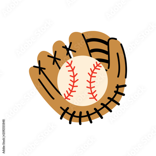 Vector illustration of a baseball glove with a ball in doodle style on a white background. Used as a design element for sports themes.