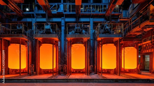 Industrial furnace operation with glowing molten metal and vibrant orange glow in a modern production facility