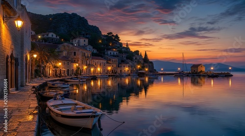 A tranquil coastal village harbor glows at twilight with moored boats, stone houses, and mountain reflections, suited for travel and tourism promotions.