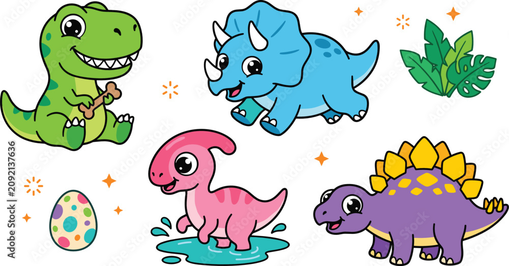 Naklejka premium Cute dinosaur clipart collection featuring cartoon dinosaurs eggs plants and prehistoric animals for kids vector illustration set
