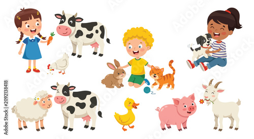 Cuadro en lienzo Children and farm animals vector illustration with a white background featuring