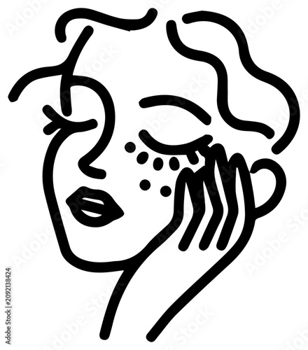 Minimalist black line vector icon of a woman applying skincare with depicts simple black drawing woman face touching her cheek cheek dots product