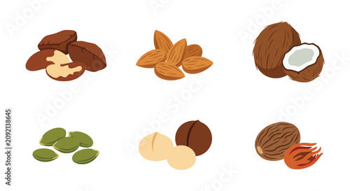 Foto Assorted nuts illustration featuring walnuts almonds coconuts pistachios macadam