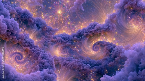 Vast surreal sky with spiral clouds and kaleidoscopic light bursts in deep violet and gold tones, creating a dreamlike psychedelic abstract background.